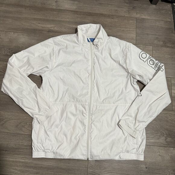 Adidas Men’s Windbreaker Full Zip White/ Black w Logo Adjustable Bottom L - Picture 1 of 5